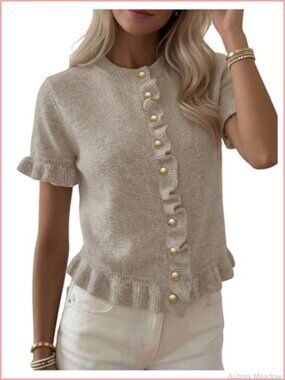 Short Sleeve Button Up Cardigan Ruffle Knit Sweater Top